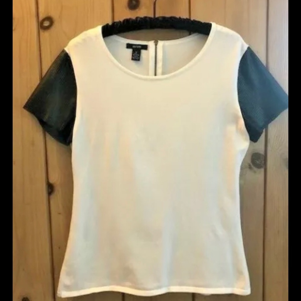Alfani Women's Knit Top Faux Leather Sleeves Zips
